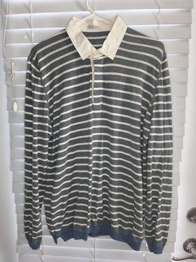 Brunello Cucinelli Mens Striped Cotton Polo Shirt Size 52 XL Gray White Italy